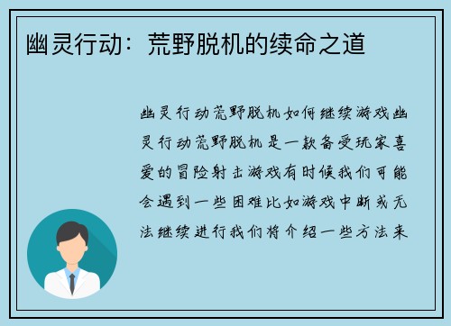 幽灵行动：荒野脱机的续命之道